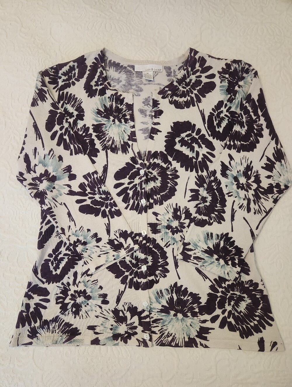 Lucy & Laurel Cream Cardigan with Deep Purple & Light Blue Floral Print